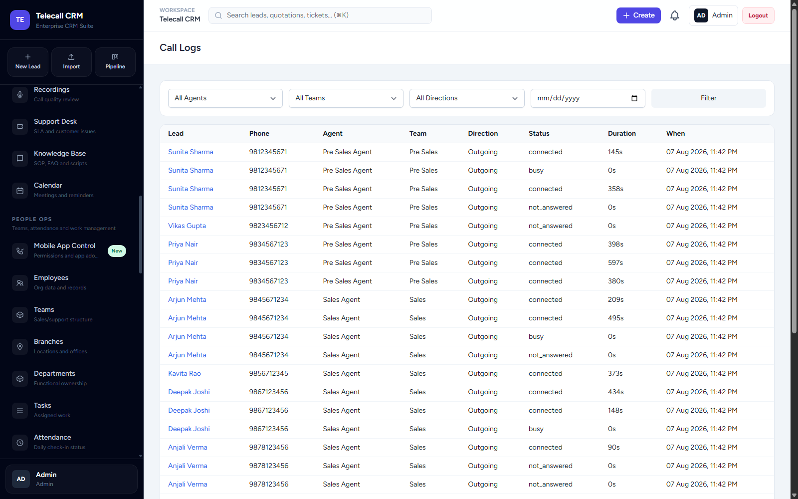 Follow-up timing dashboard with agent activity and client status
